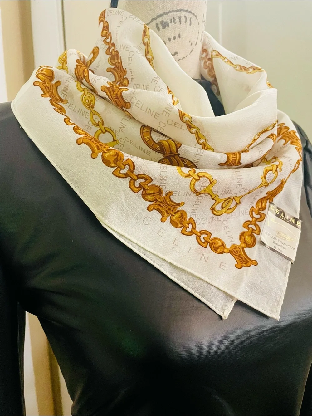 Celine White & Gold Chain Motif Silk Scarf